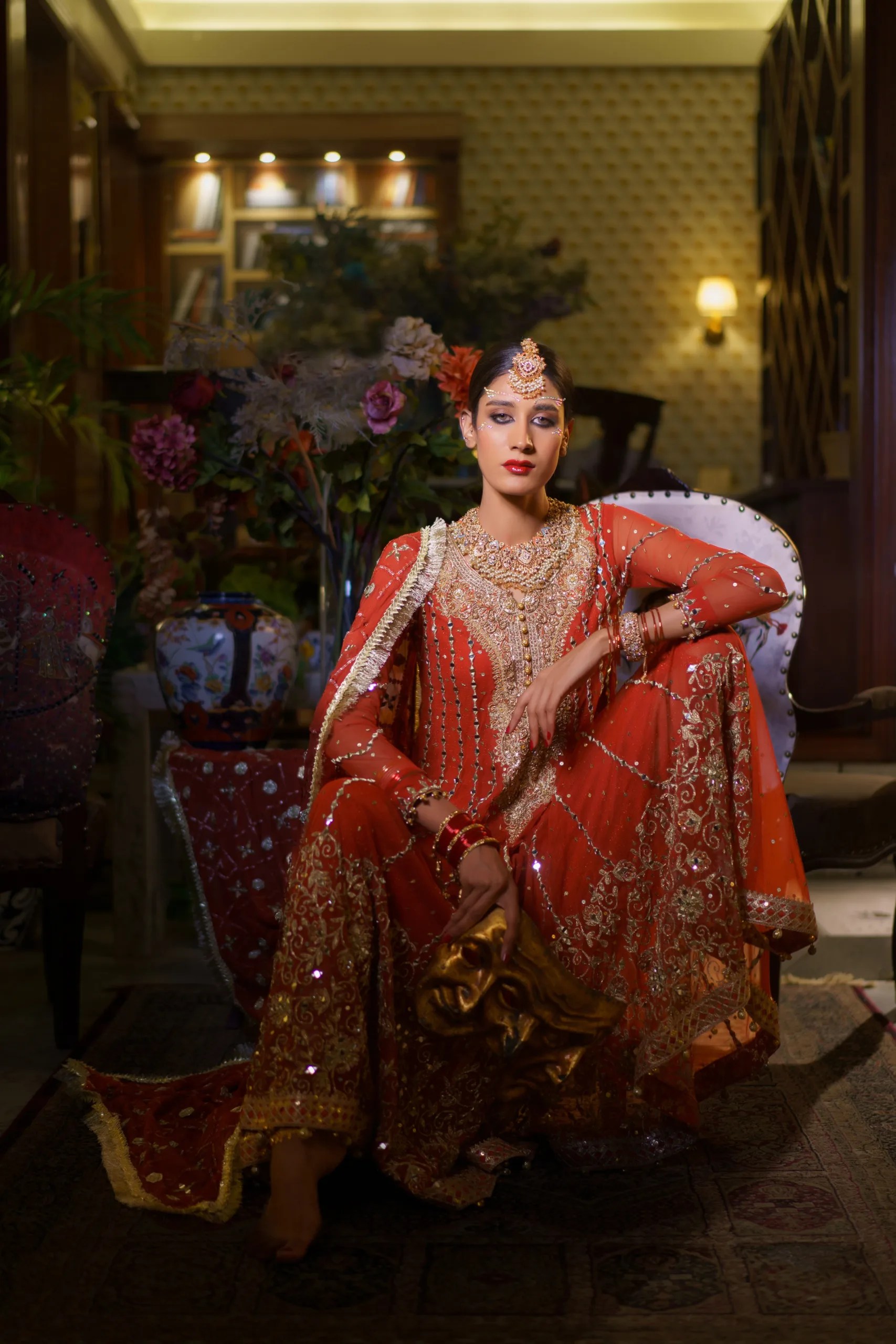 Tangerine Embroidered Net Anarkali Gown (2-Piece) - Image 4