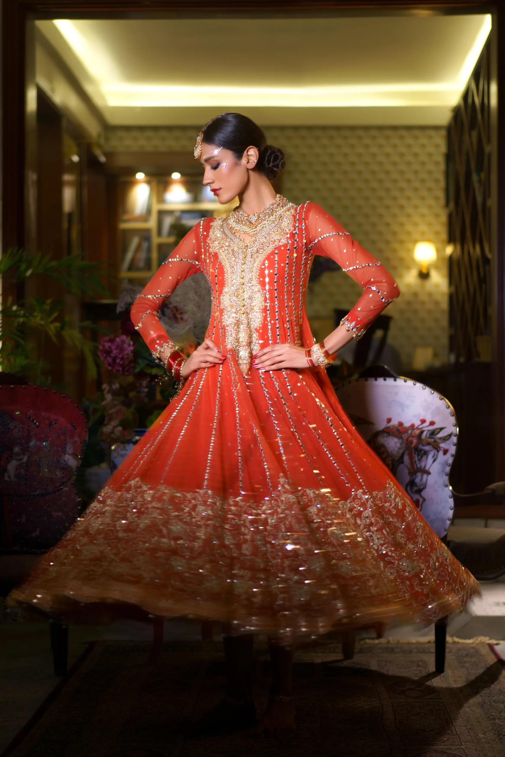 Tangerine Embroidered Net Anarkali Gown (2-Piece) - Image 5