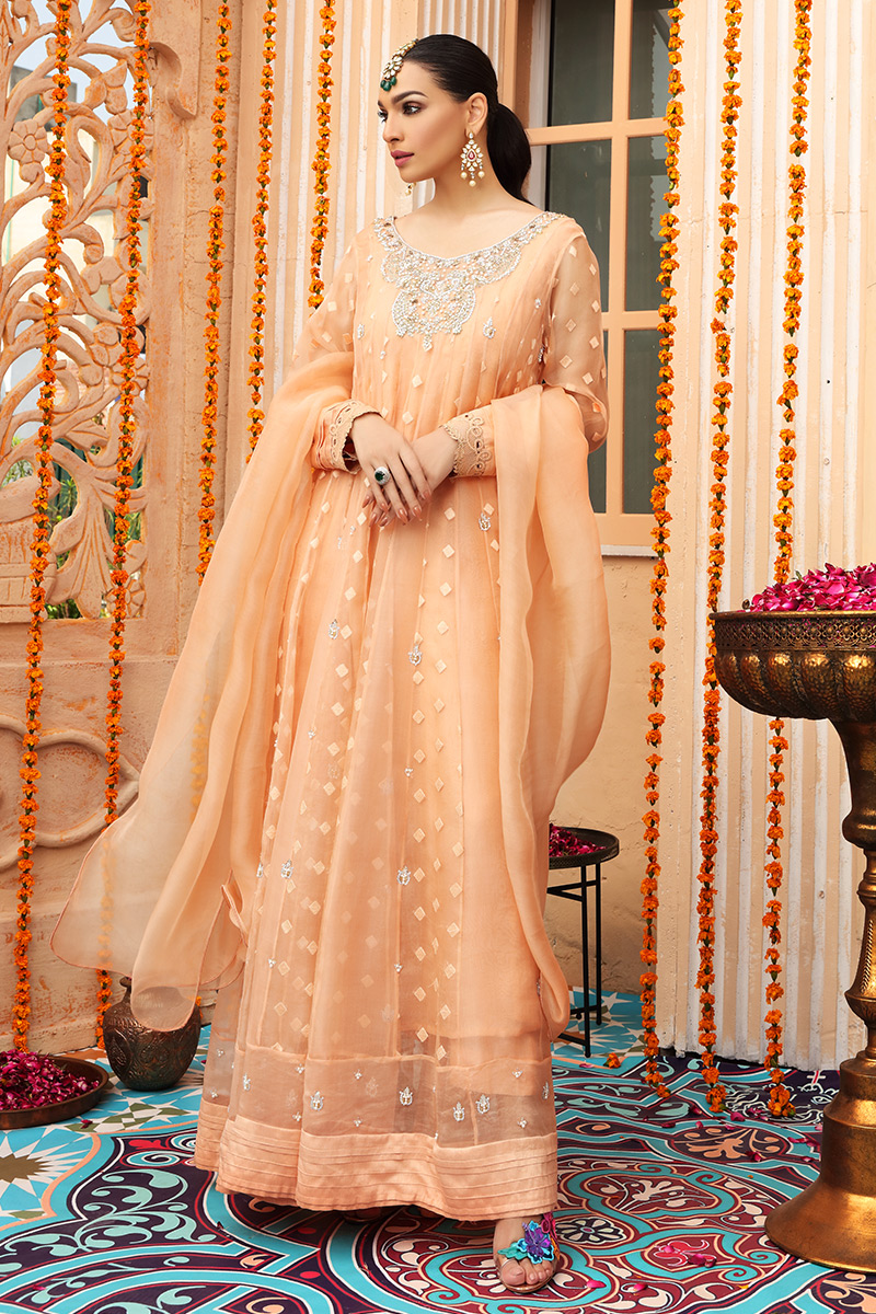 Peachy Orange Hand-Embellished Organza Anarkali (3-Piece) - Image 1