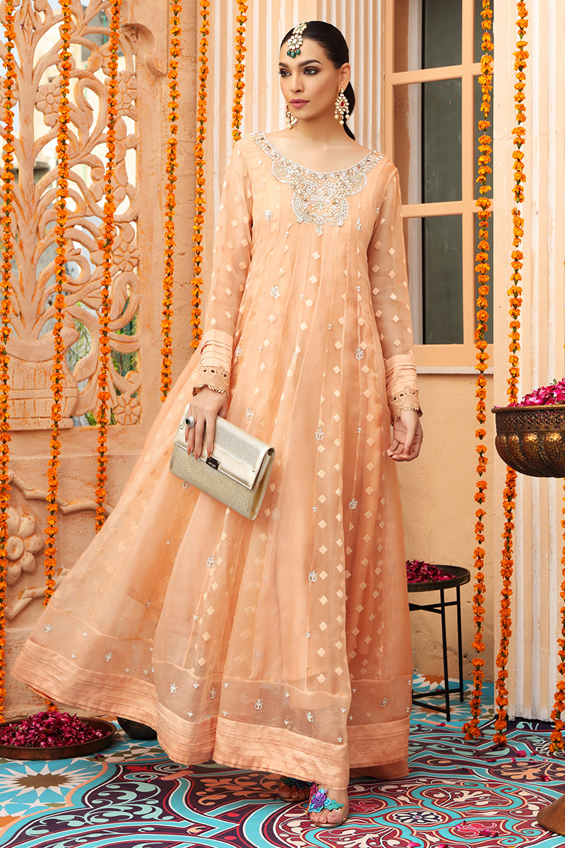 Peachy Orange Hand-Embellished Organza Anarkali (3-Piece) - Image 2