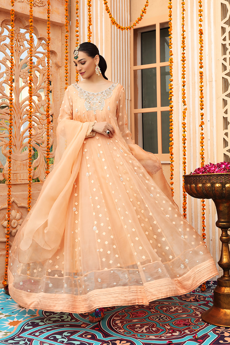 Peachy Orange Hand-Embellished Organza Anarkali (3-Piece) - Image 3
