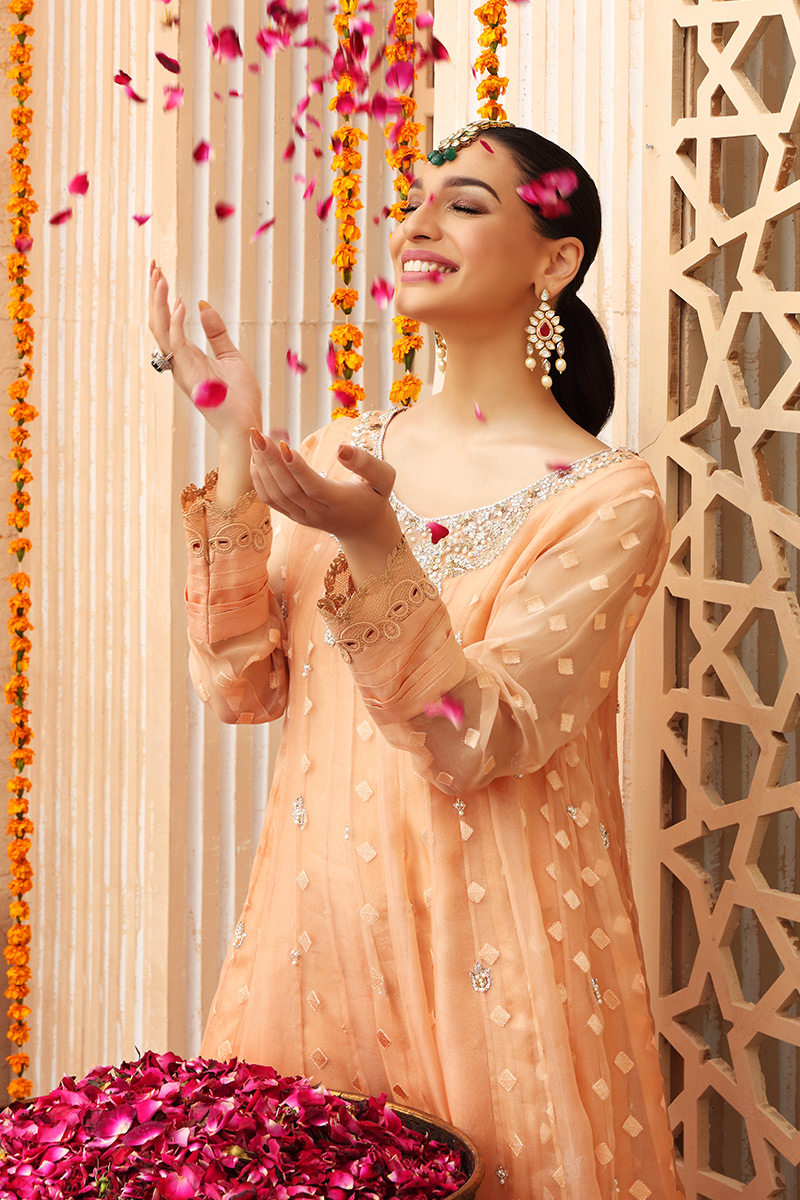 Peachy Orange Hand-Embellished Organza Anarkali (3-Piece) - Image 4