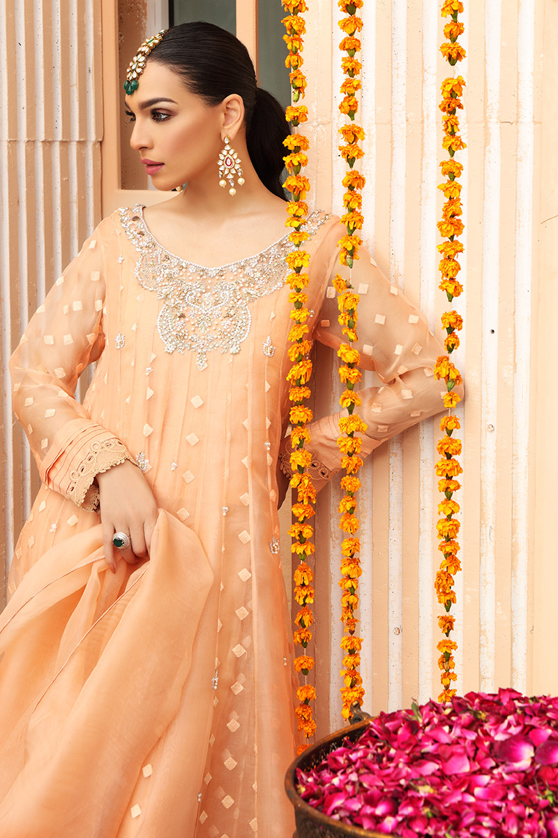 Peachy Orange Hand-Embellished Organza Anarkali (3-Piece) - Image 5