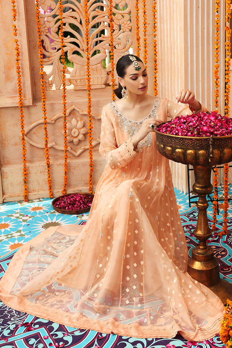 Peachy Orange Hand-Embellished Organza Anarkali (3-Piece) - Image 6
