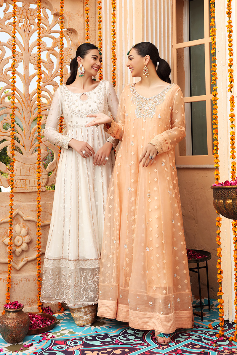 Peachy Orange Hand-Embellished Organza Anarkali (3-Piece) - Image 7