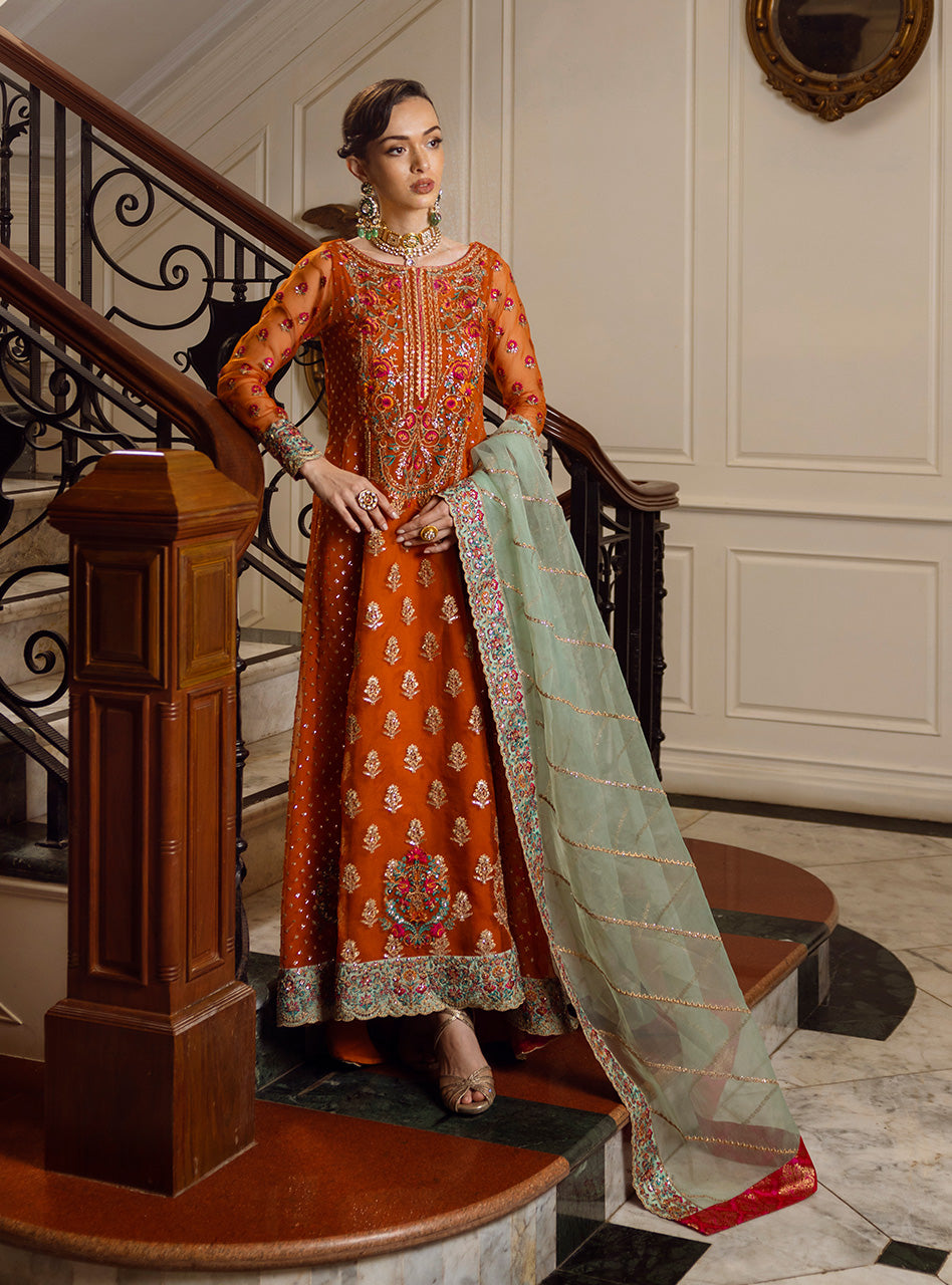 Pakistani Rust Embroidered Raw Silk Anarkali Dress (2-Piece) - Image 1