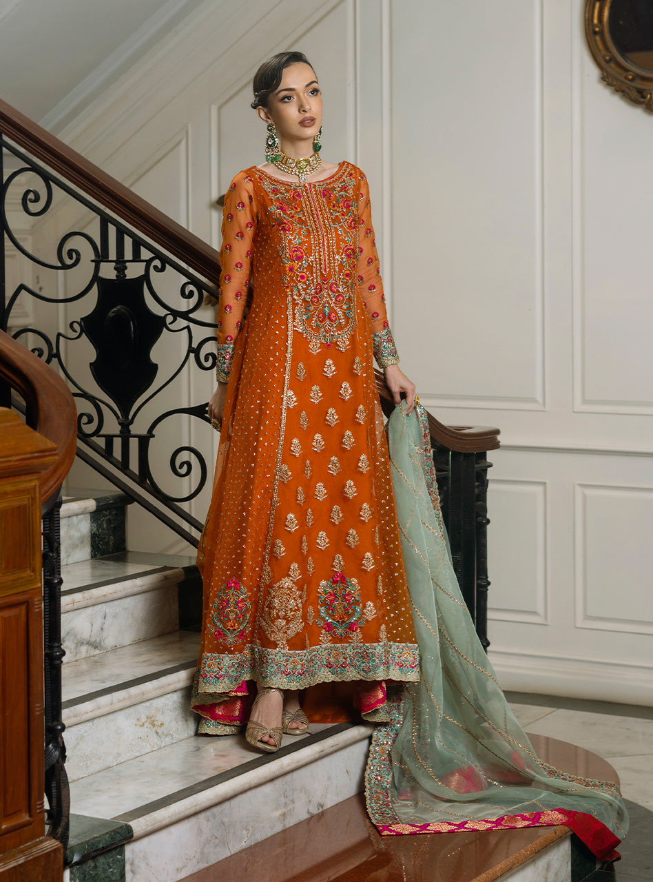 Pakistani Rust Embroidered Raw Silk Anarkali Dress (2-Piece) - Image 2