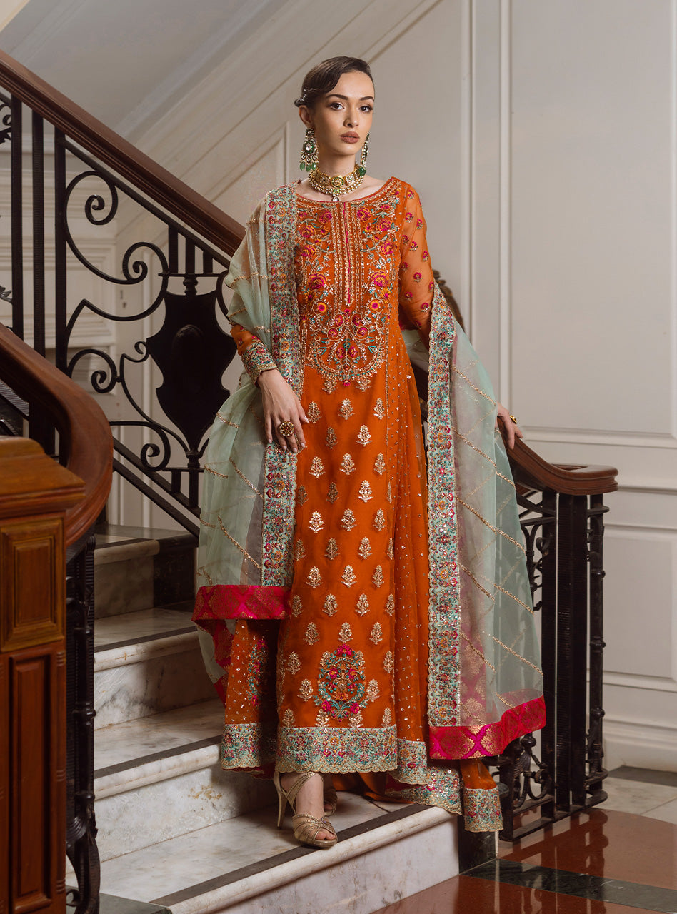 Pakistani Rust Embroidered Raw Silk Anarkali Dress (2-Piece) - Image 5
