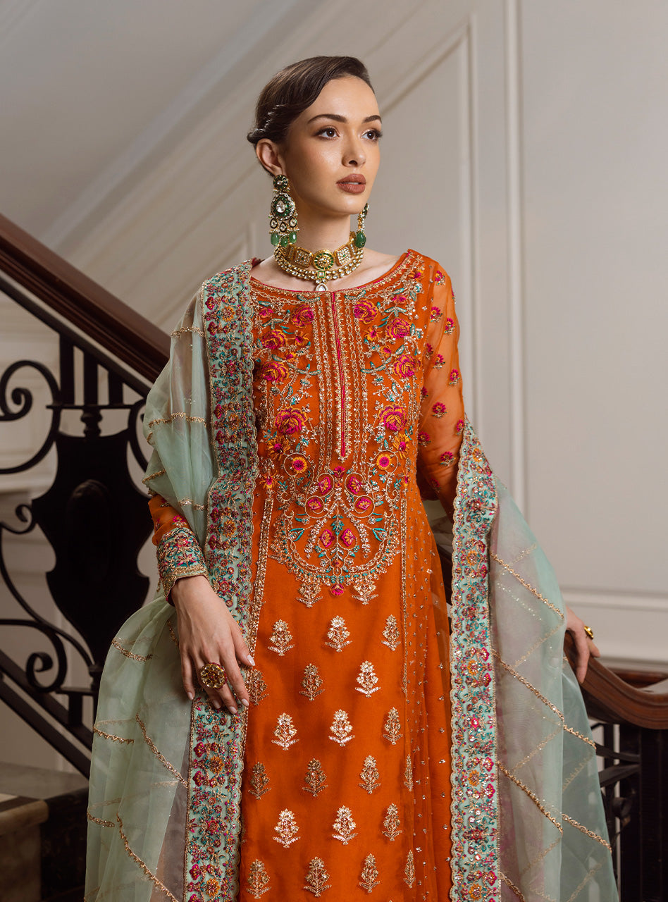 Pakistani Rust Embroidered Raw Silk Anarkali Dress (2-Piece) - Image 6
