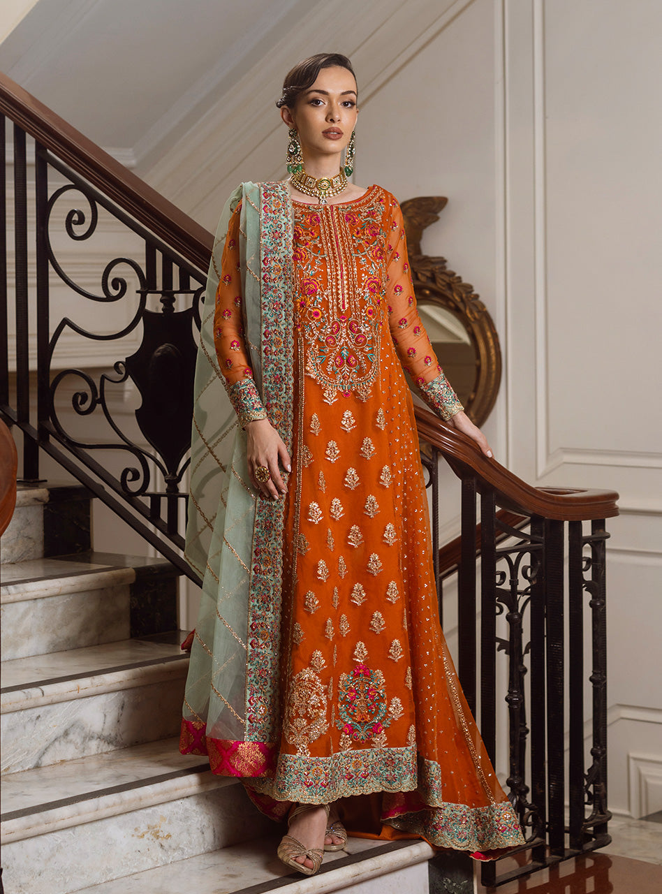 Pakistani Rust Embroidered Raw Silk Anarkali Dress (2-Piece) - Image 7