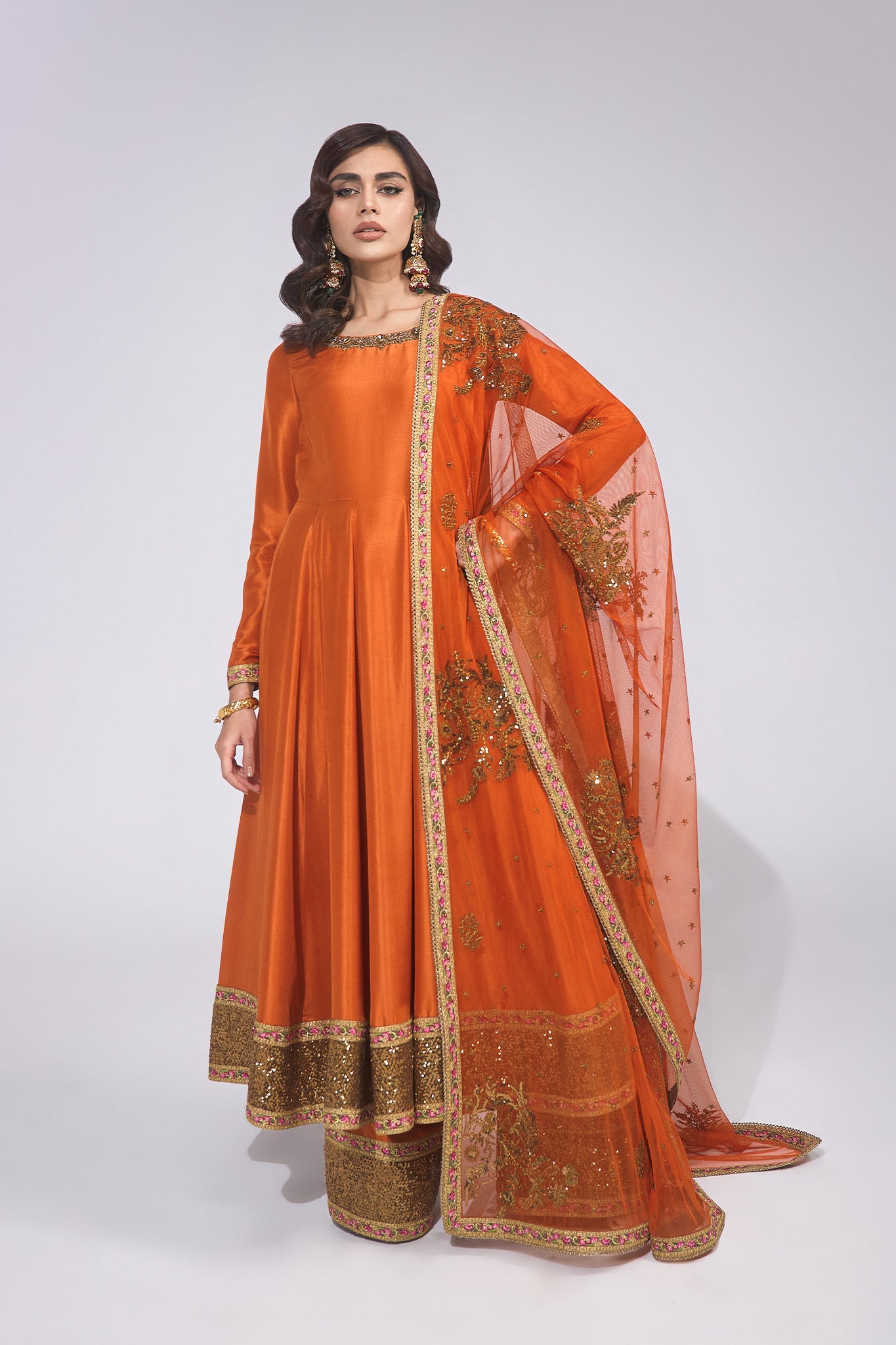 Pakistani Rust Zardozi Embroidered Pure Silk Anarkali (3-Piece) - Image 2