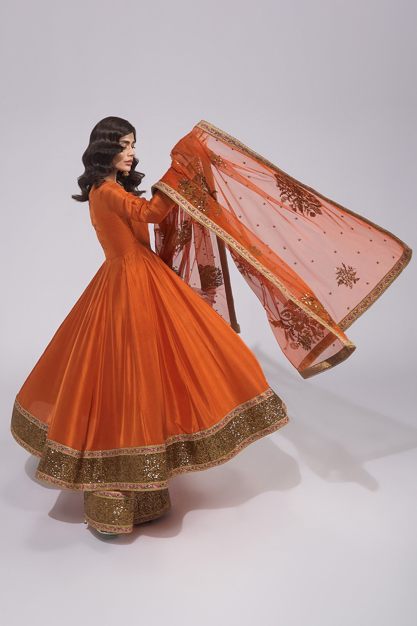 Pakistani Rust Zardozi Embroidered Pure Silk Anarkali (3-Piece) - Image 3