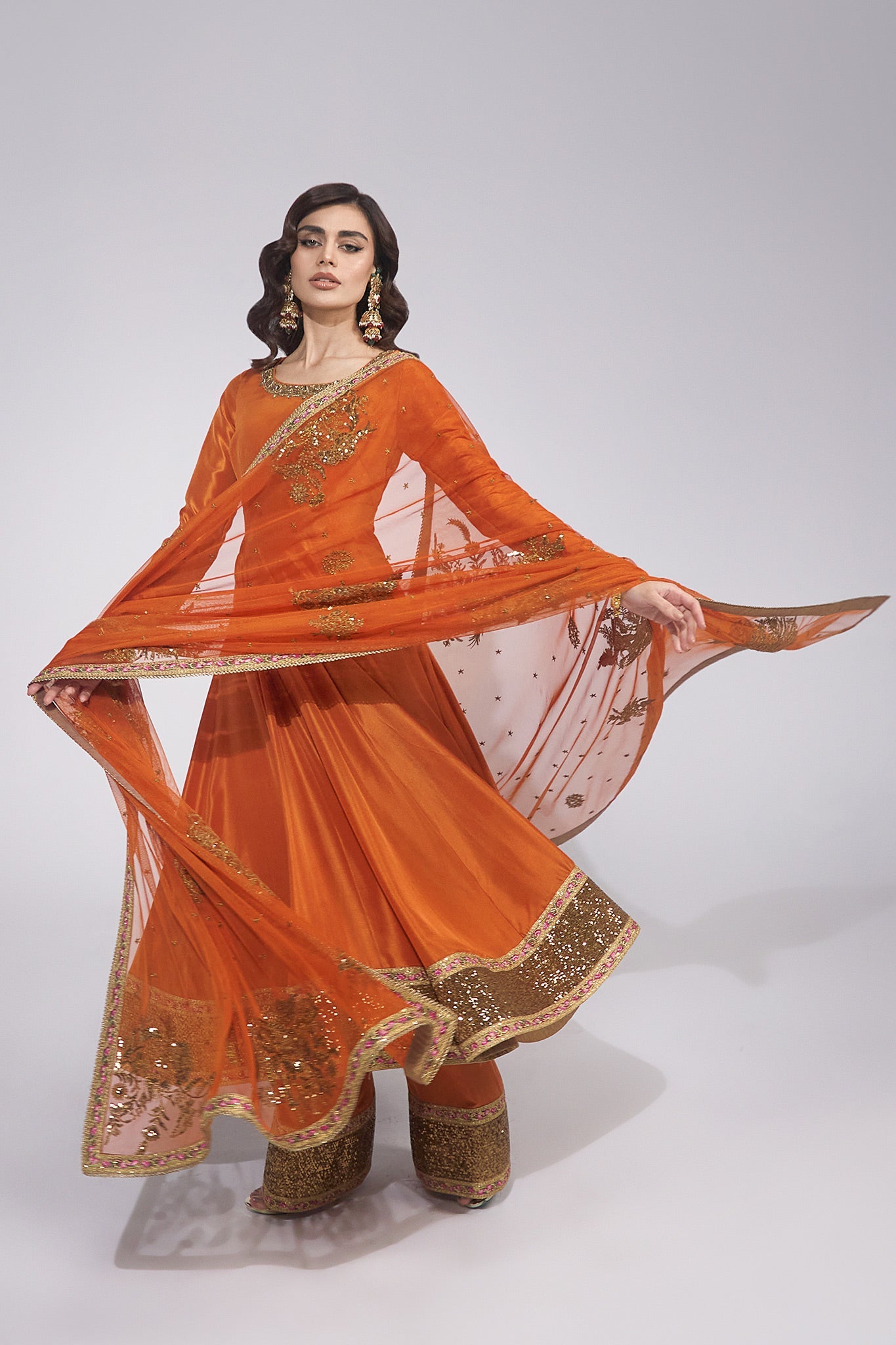 Pakistani Rust Zardozi Embroidered Pure Silk Anarkali (3-Piece) - Image 4
