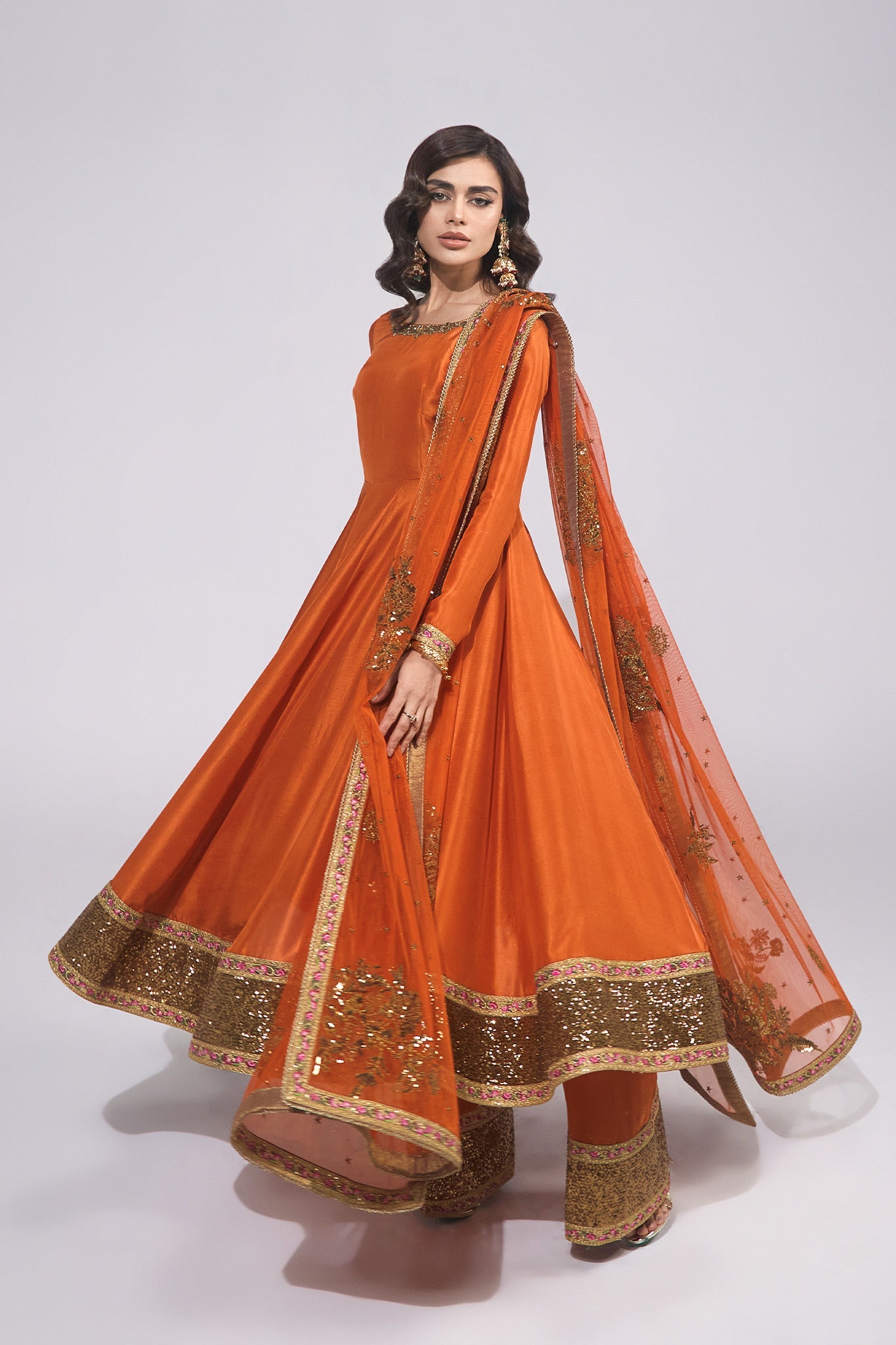 Pakistani Rust Zardozi Embroidered Pure Silk Anarkali (3-Piece) - Image 6