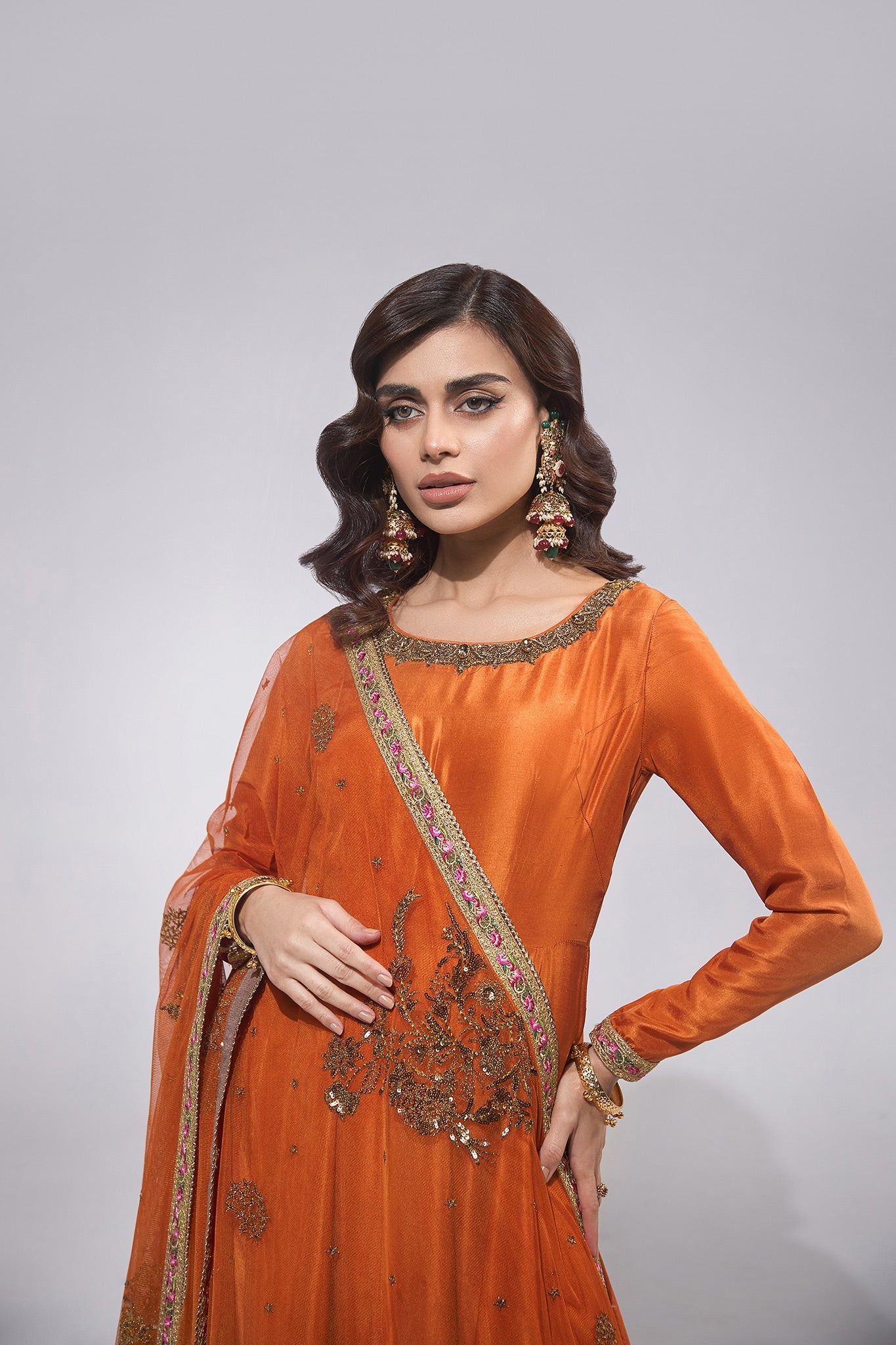 Pakistani Rust Zardozi Embroidered Pure Silk Anarkali (3-Piece) - Image 7