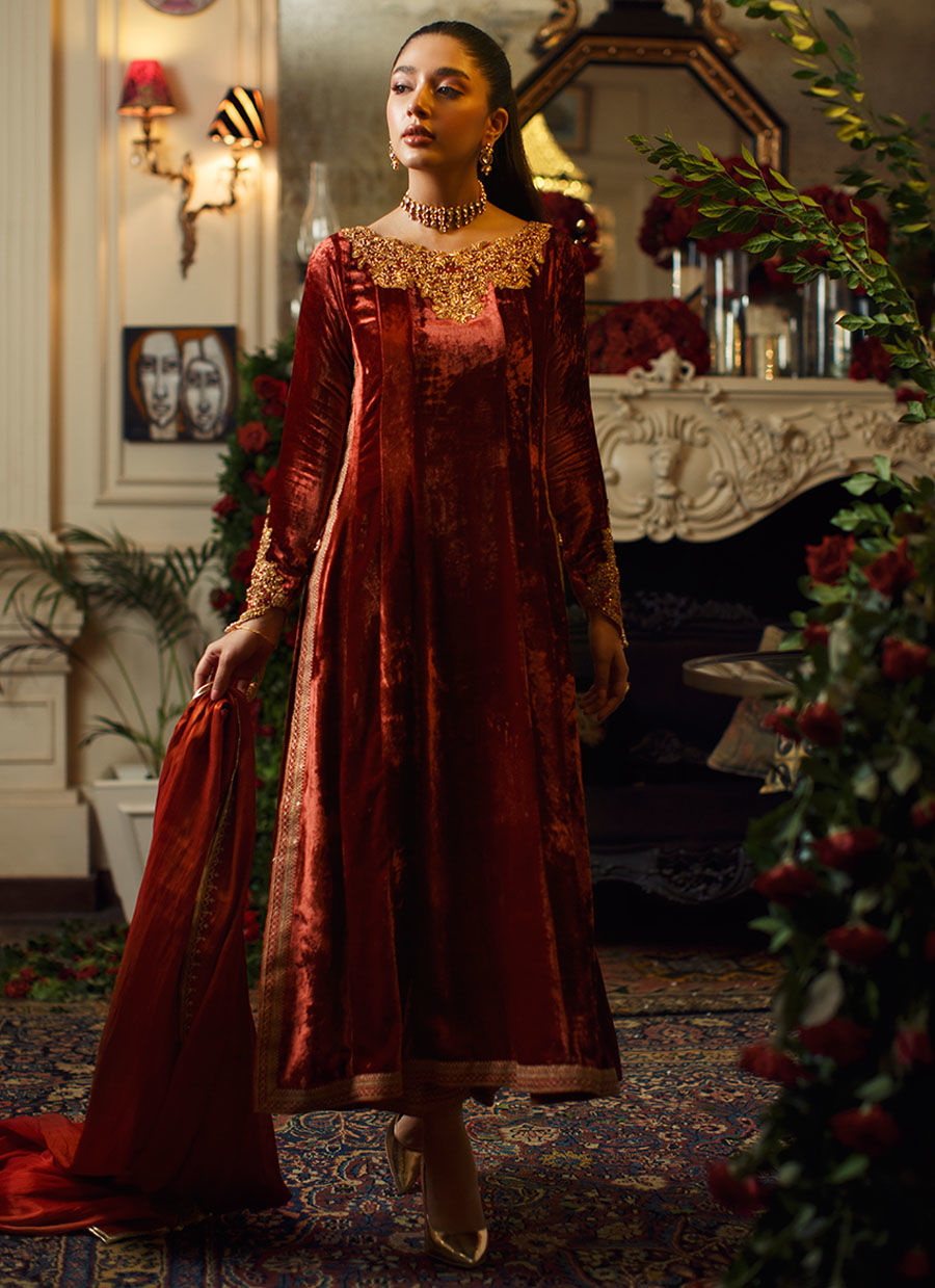 Pakistani Burnt Orange Embellished Velvet Anarkali Dress (2-Piece) - Image 1