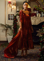 Pakistani Burnt Orange Embellished Velvet Anarkali Dress (2-Piece) - Image 3