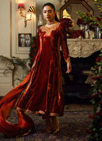 Pakistani Burnt Orange Embellished Velvet Anarkali Dress (2-Piece) - Image 4