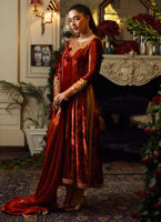 Pakistani Burnt Orange Embellished Velvet Anarkali Dress (2-Piece) - Image 5