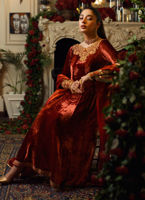 Pakistani Burnt Orange Embellished Velvet Anarkali Dress (2-Piece) - Image 6