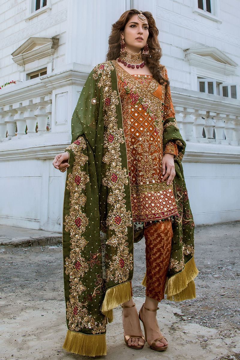 Pakistani Rust Embroidered Chiffon Angrakha (3-Piece) - Image 1