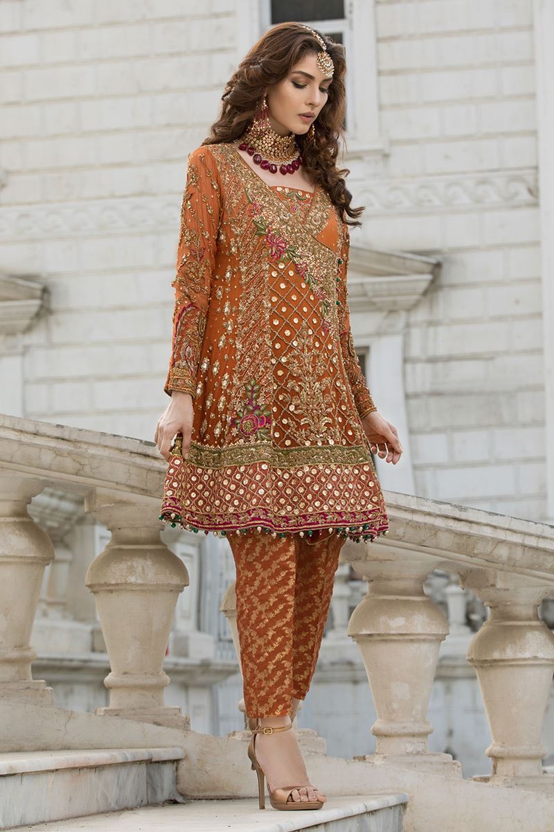 Pakistani Rust Embroidered Chiffon Angrakha (3-Piece) - Image 2