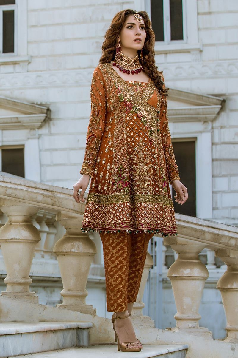 Pakistani Rust Embroidered Chiffon Angrakha (3-Piece) - Image 3