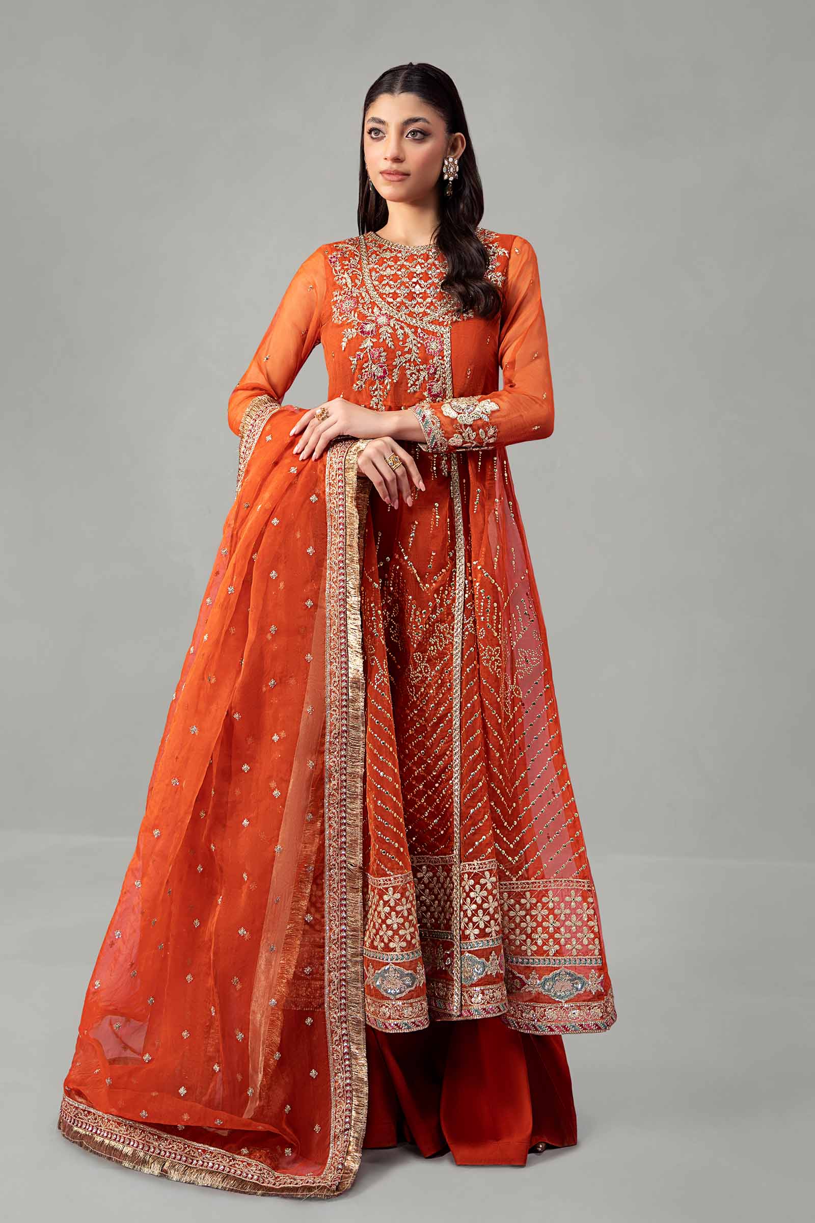 Pakistani Rust Embroidered Organza Angrakha Dress (3-Piece) - Image 2