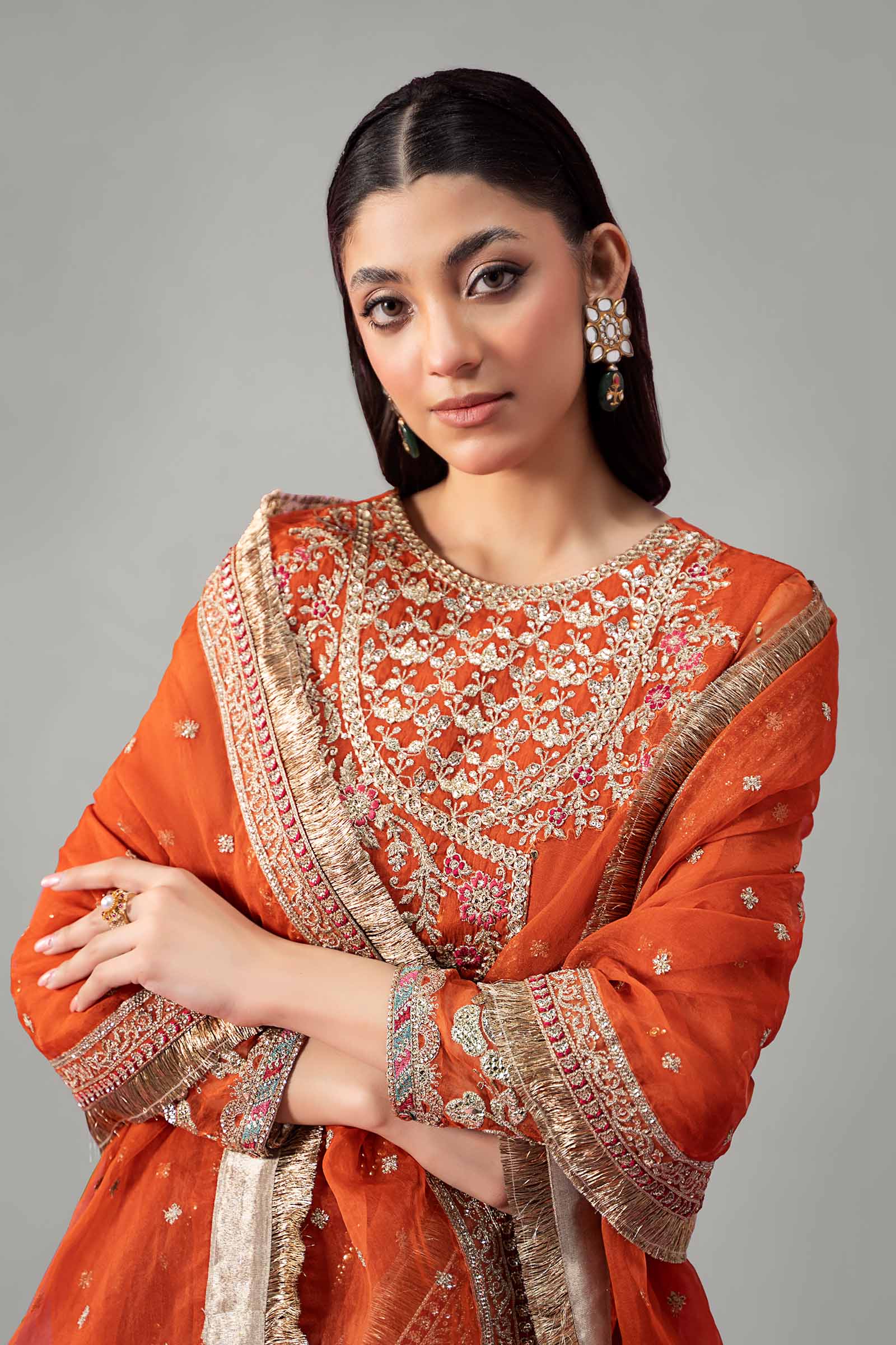 Pakistani Rust Embroidered Organza Angrakha Dress (3-Piece) - Image 3