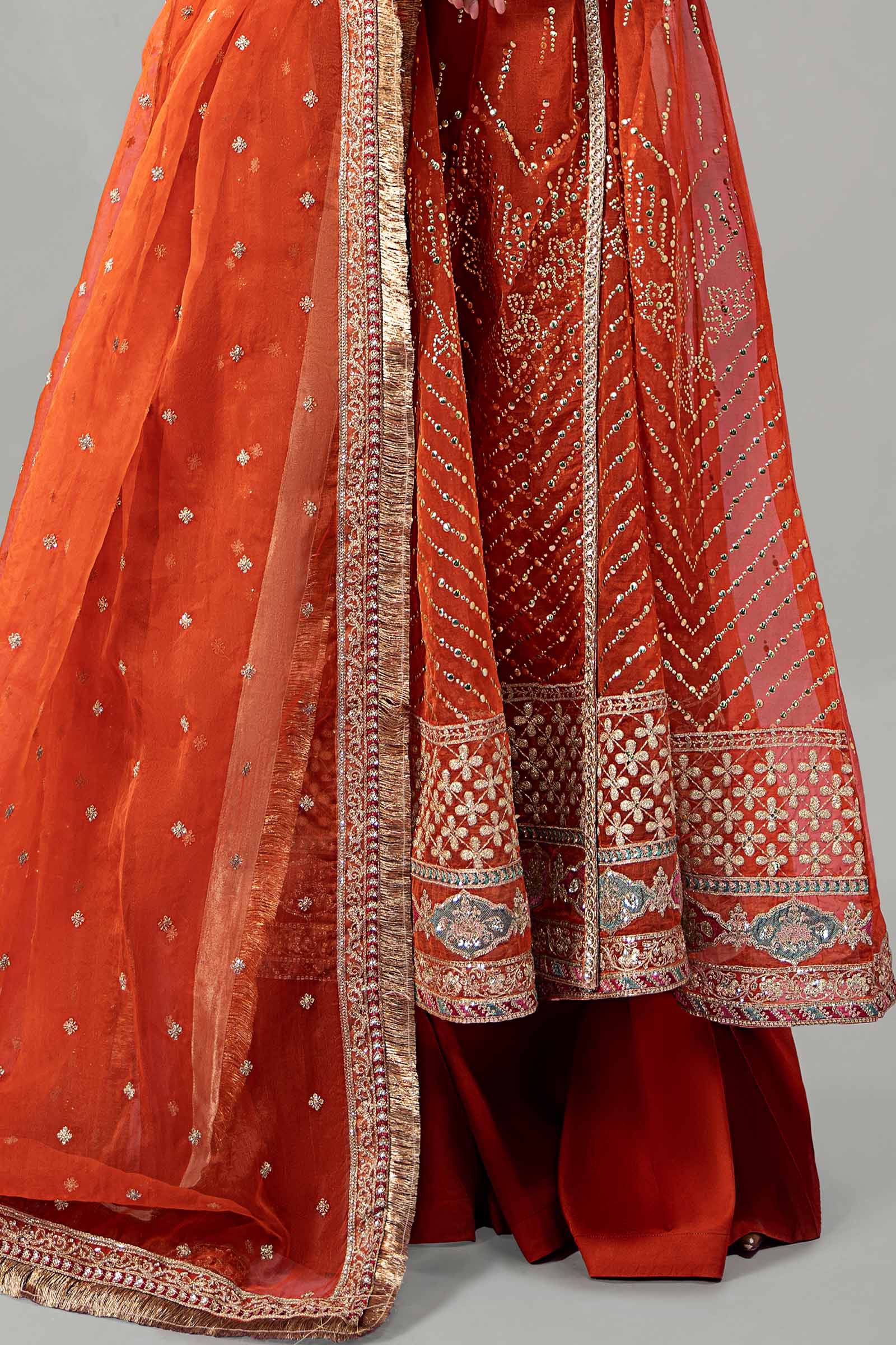 Pakistani Rust Embroidered Organza Angrakha Dress (3-Piece) - Image 4