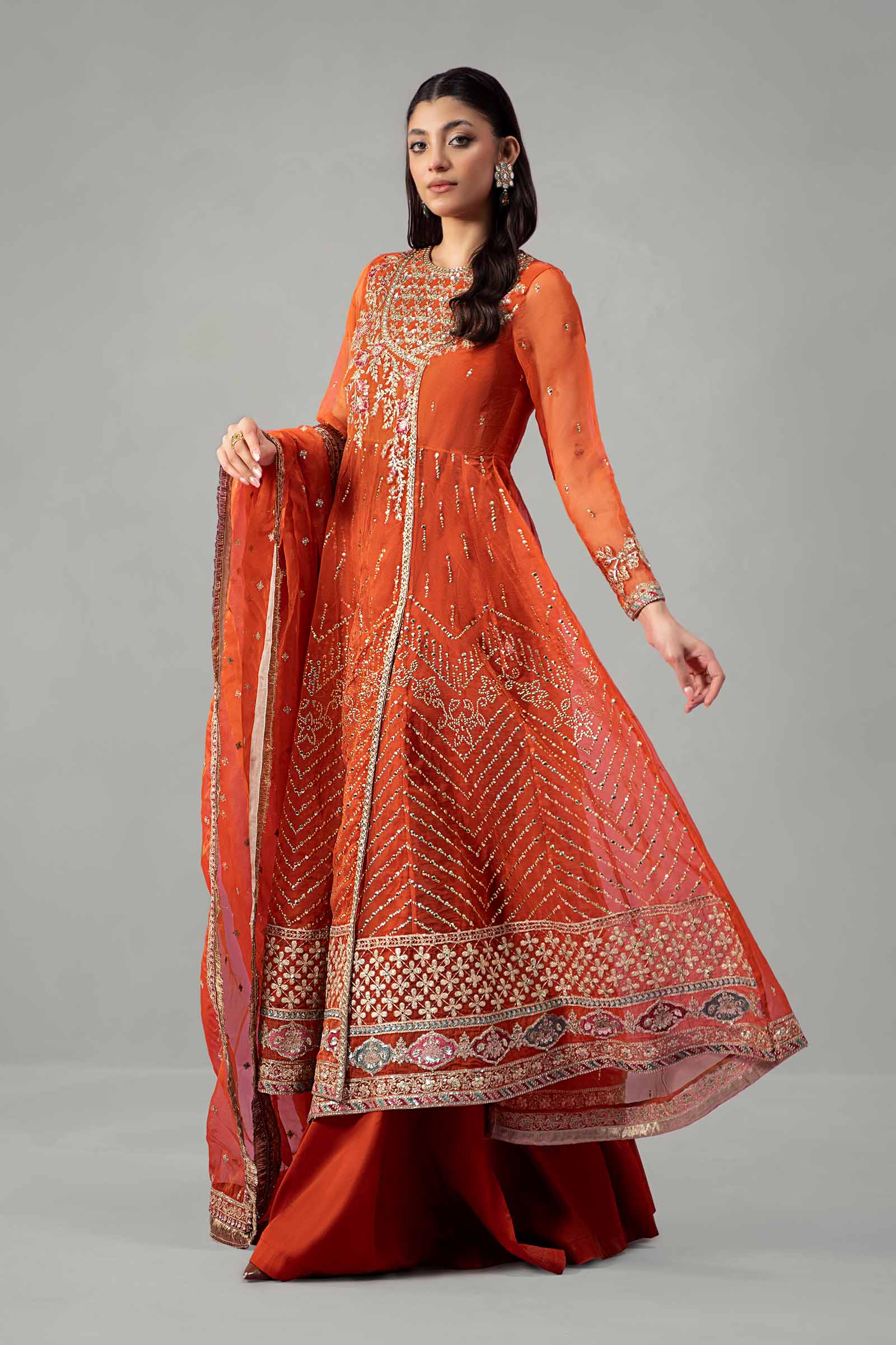 Pakistani Rust Embroidered Organza Angrakha Dress (3-Piece) - Image 5