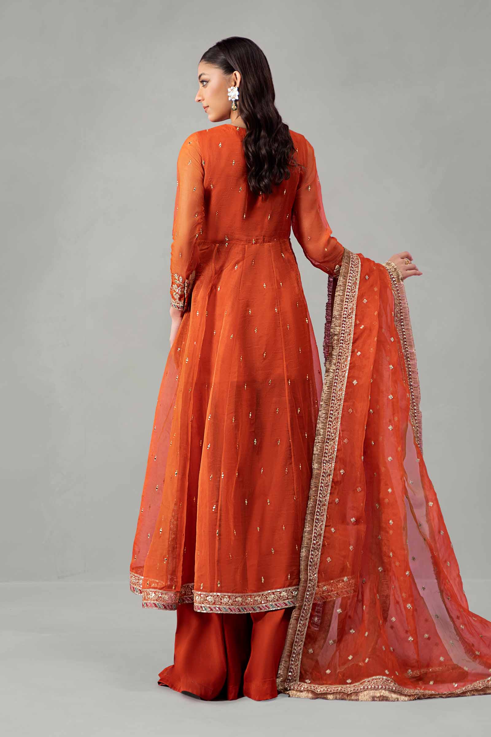 Pakistani Rust Embroidered Organza Angrakha Dress (3-Piece) - Image 6