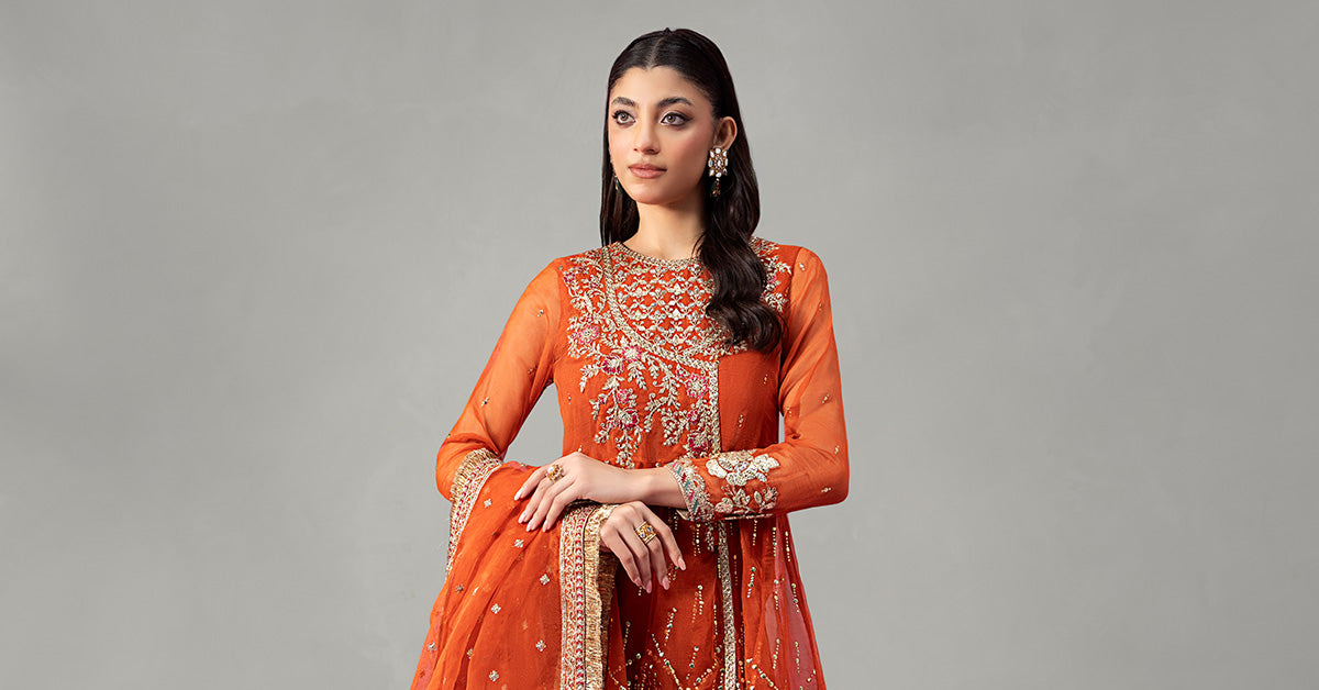 Pakistani Rust Embroidered Organza Angrakha Dress (3-Piece) - Image 7