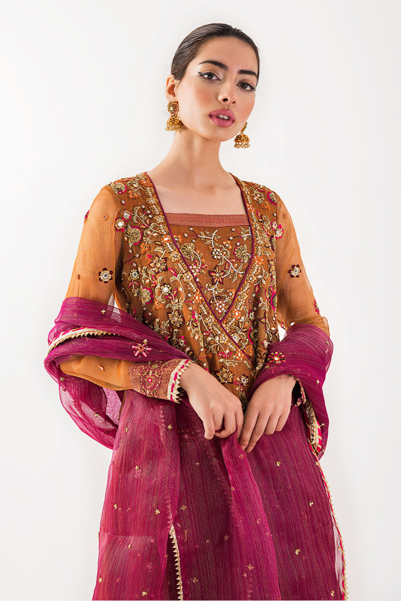 Pakistani Burnt Orange Zardozi Organza Angharka (3-Piece) - Image 2