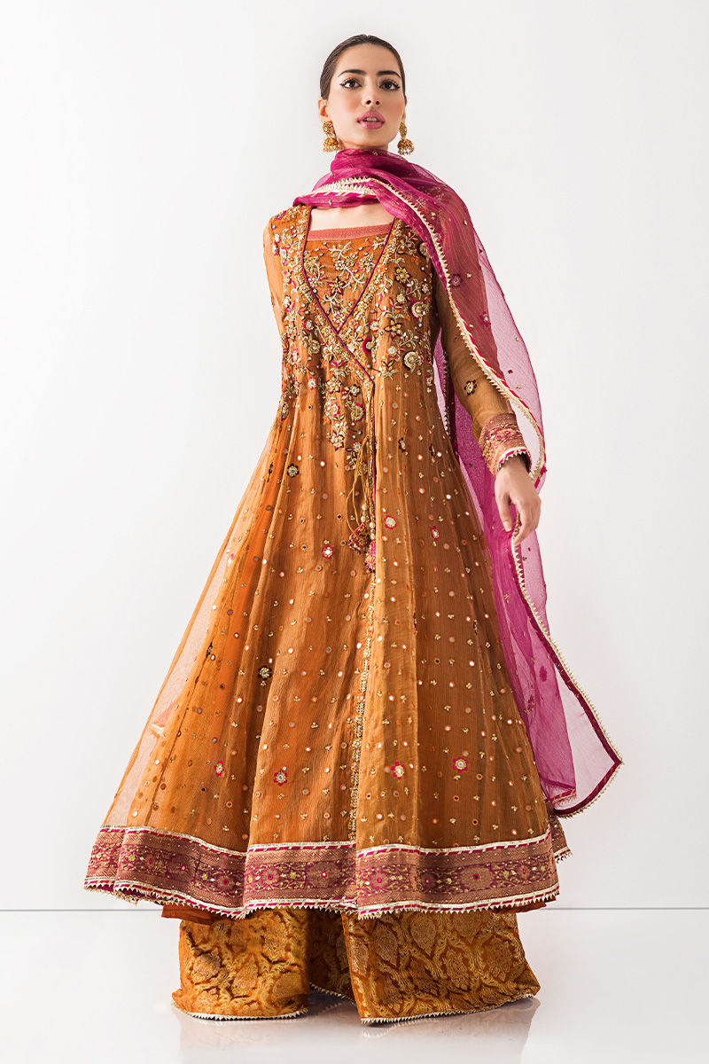 Pakistani Burnt Orange Zardozi Organza Angharka (3-Piece) - Image 3