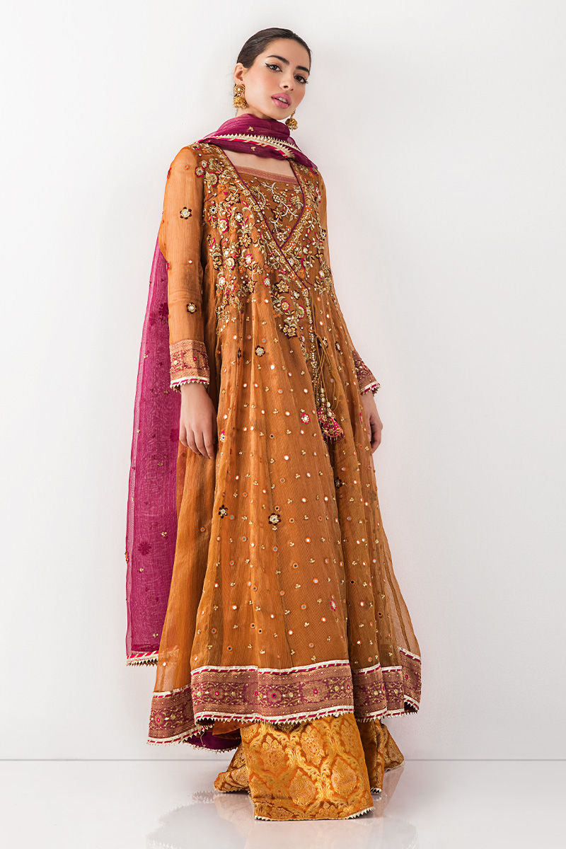 Pakistani Burnt Orange Zardozi Organza Angharka (3-Piece) - Image 4