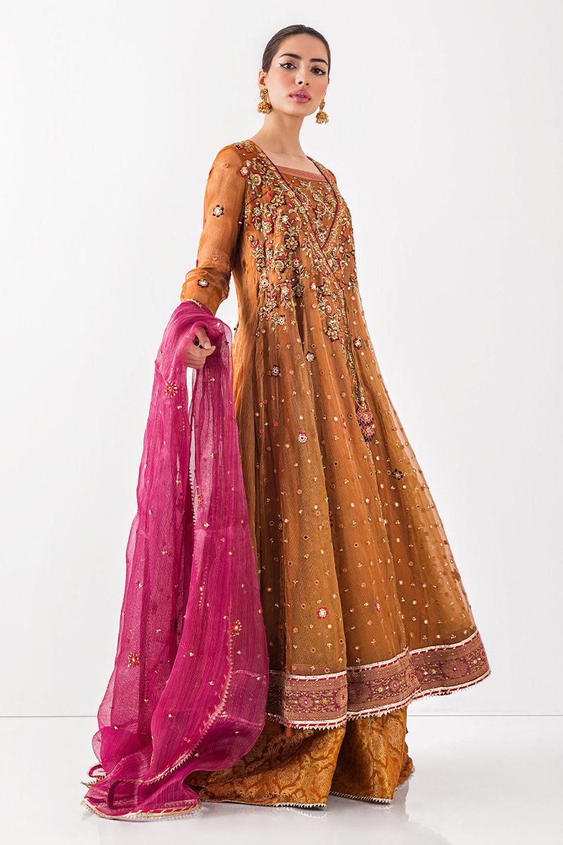 Pakistani Burnt Orange Zardozi Organza Angharka (3-Piece) - Image 5