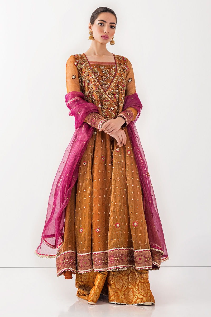 Pakistani Burnt Orange Zardozi Organza Angharka (3-Piece) - Image 6