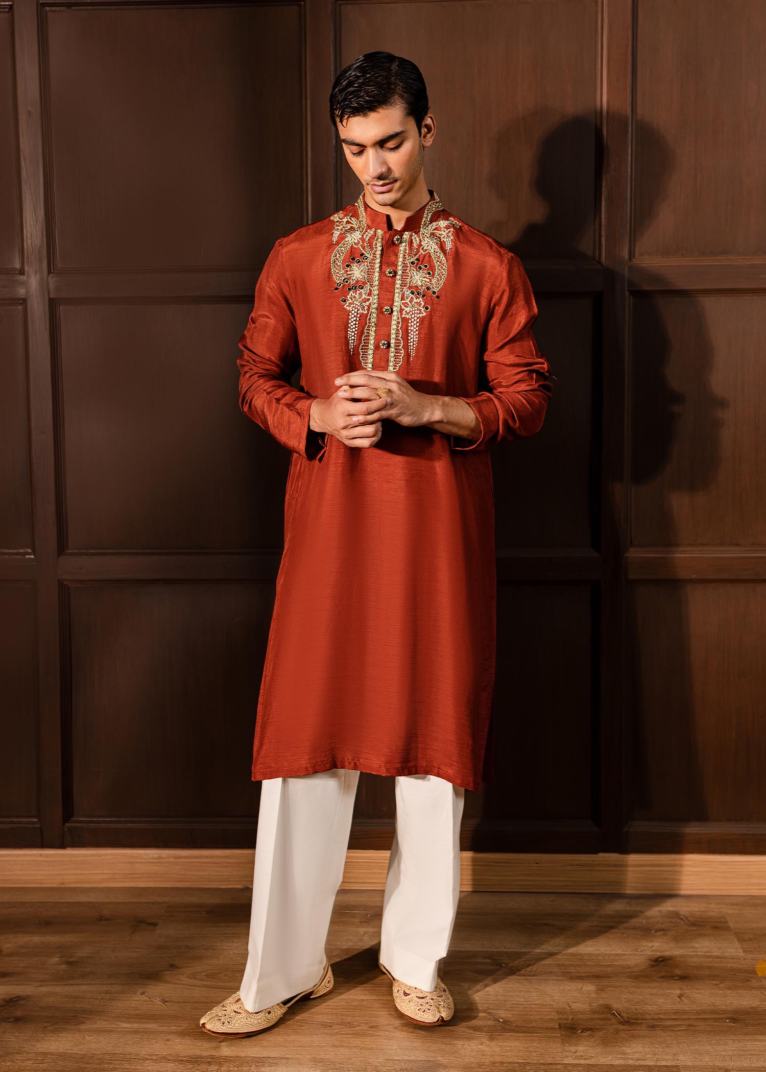 Rustic Orange Embroidered Korean Raw Silk Kurta (2-Piece) - Image 1