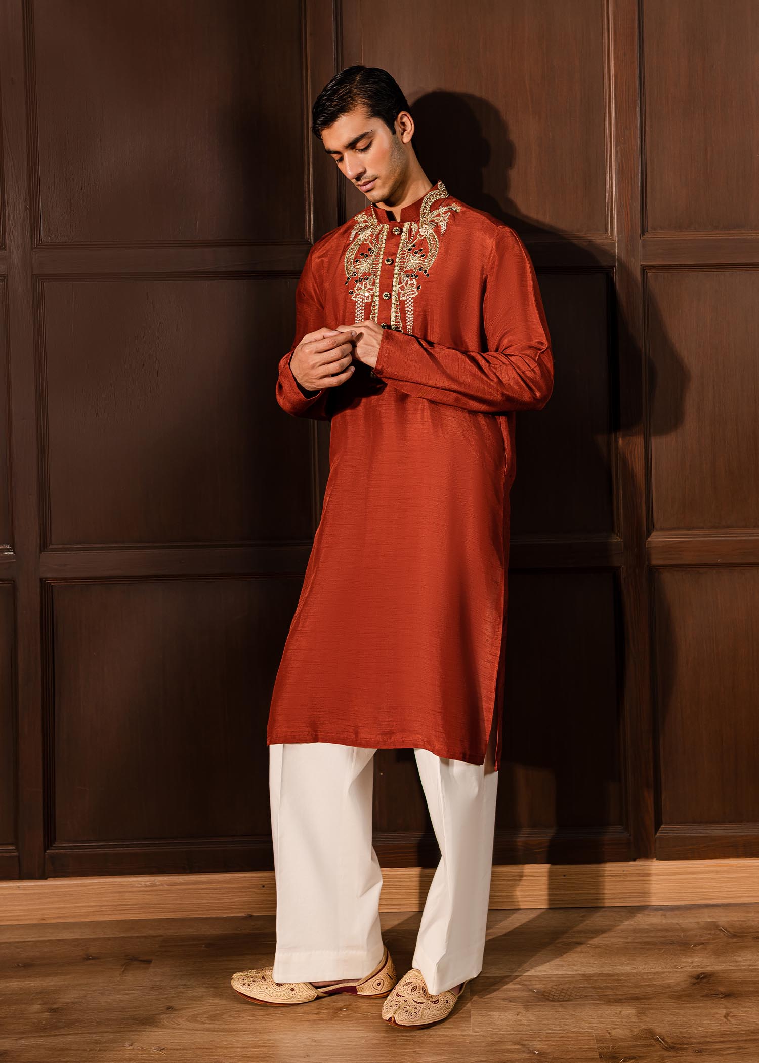 Rustic Orange Embroidered Korean Raw Silk Kurta (2-Piece) - Image 3