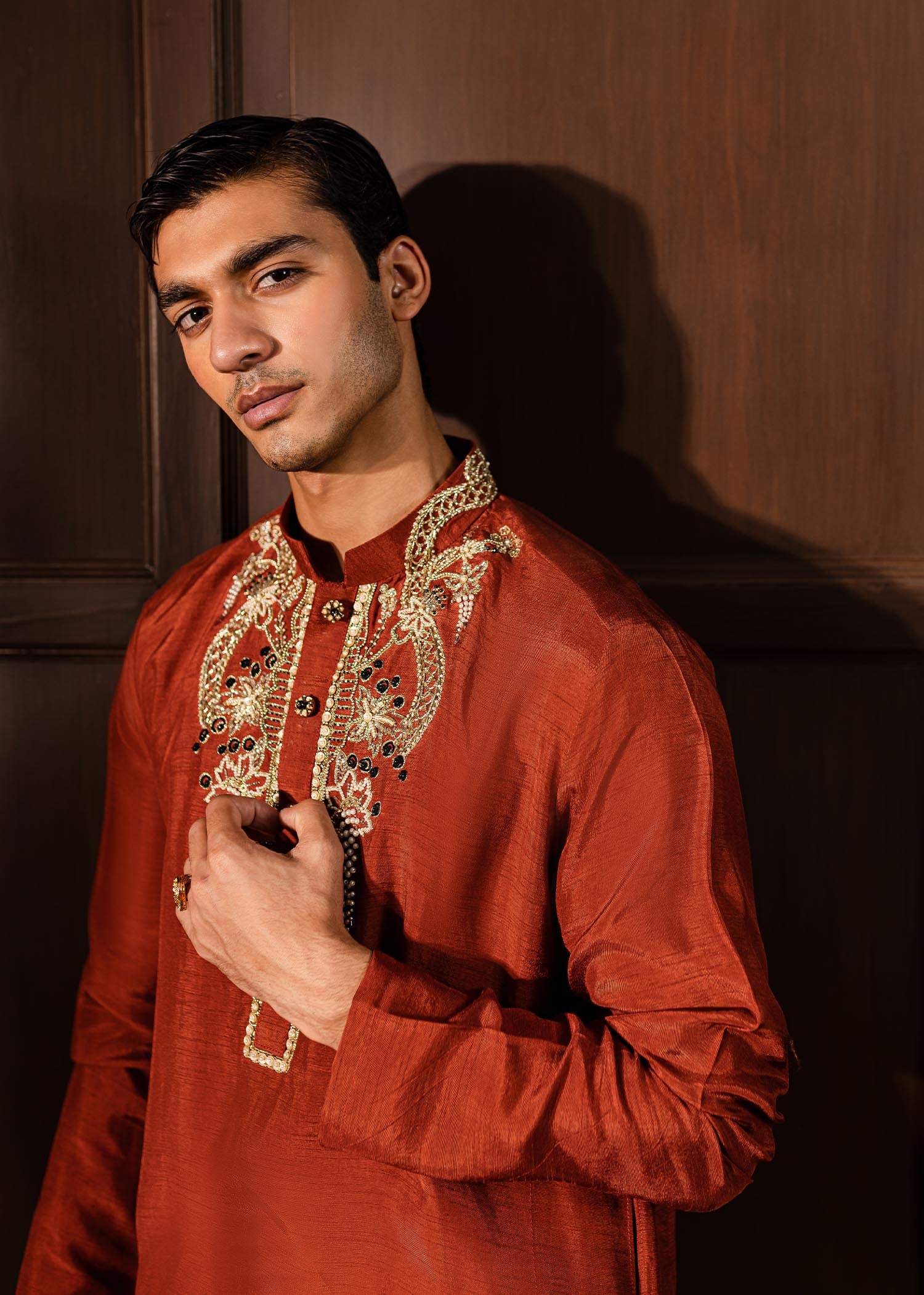 Rustic Orange Embroidered Korean Raw Silk Kurta (2-Piece) - Image 5