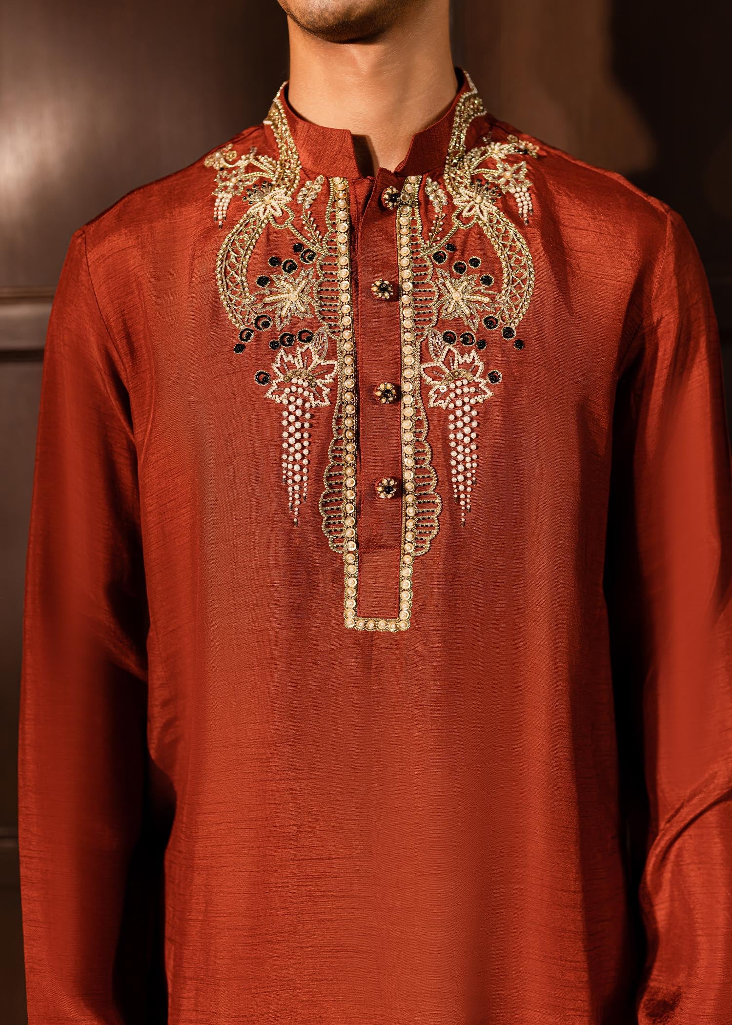 Rustic Orange Embroidered Korean Raw Silk Kurta (2-Piece) - Image 6