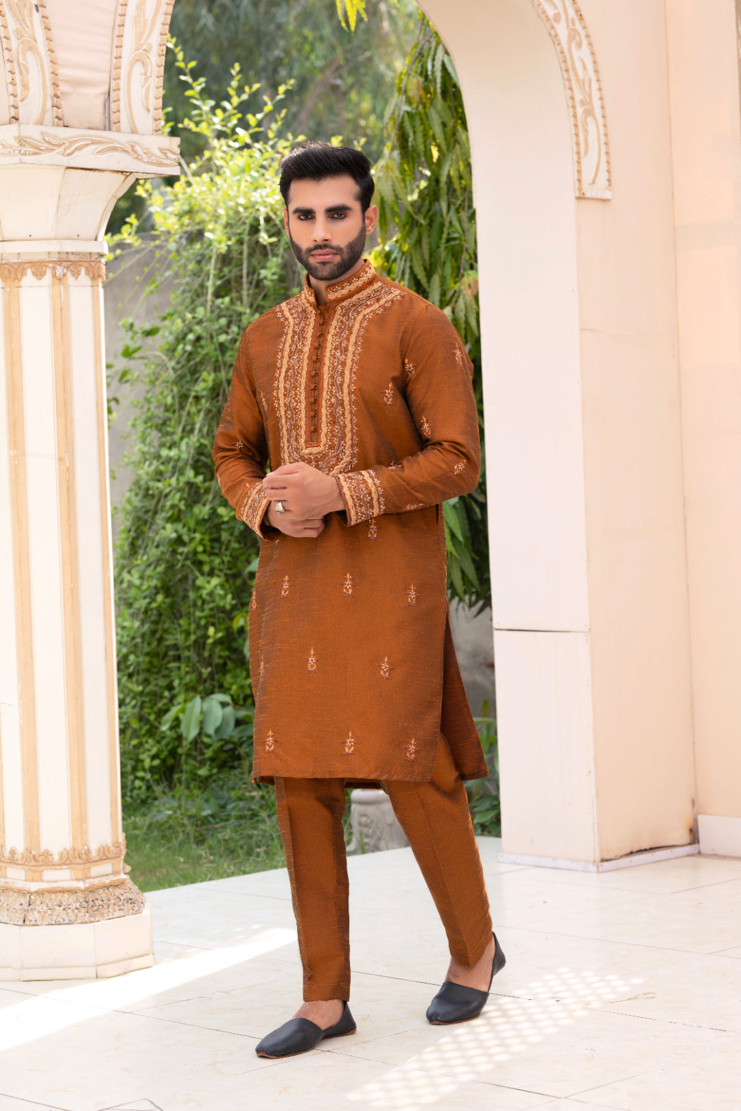 Rust Orange Shisha Work Silk Kurta Pajama (2-Piece) - Image 3