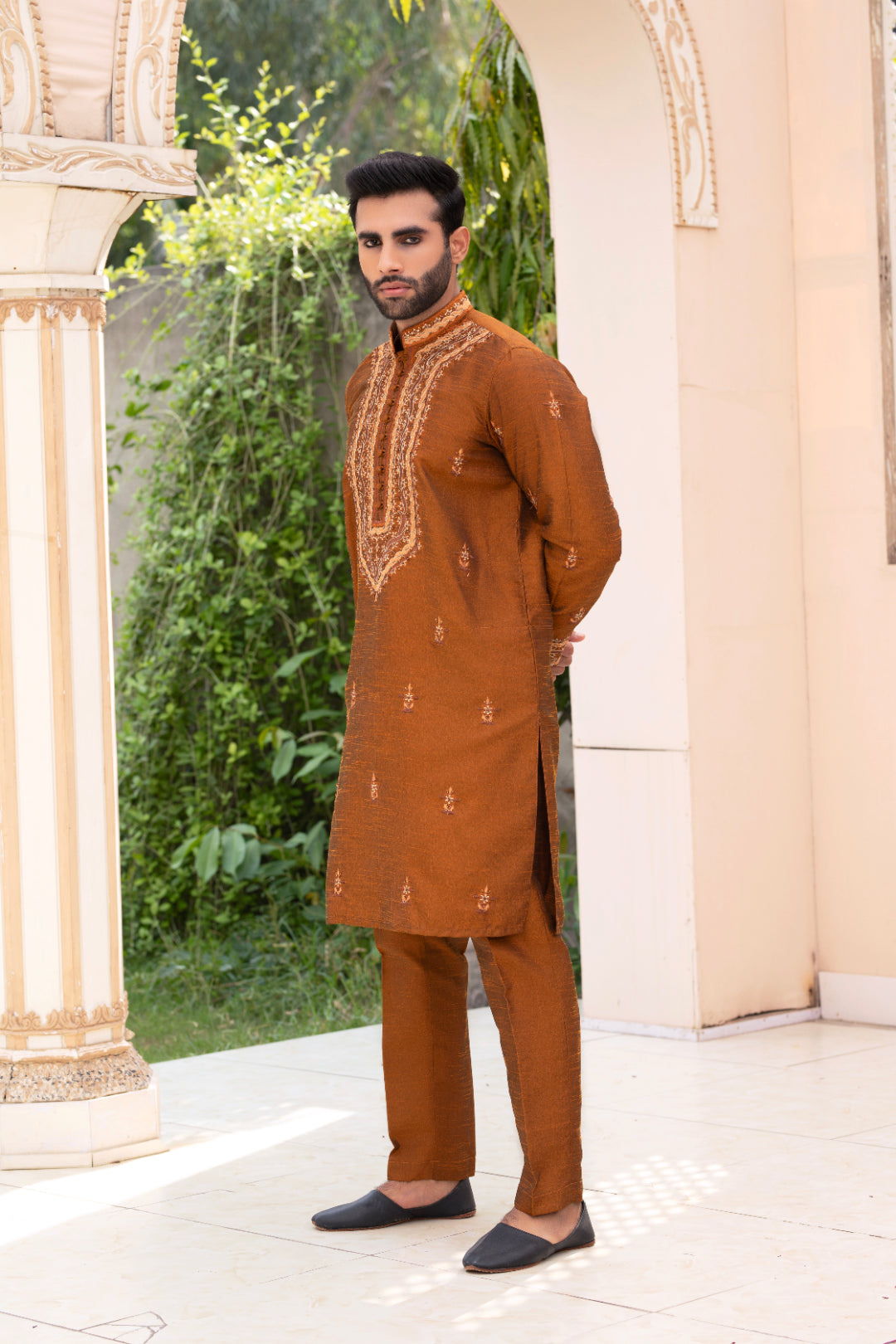 Rust Orange Shisha Work Silk Kurta Pajama (2-Piece) - Image 4