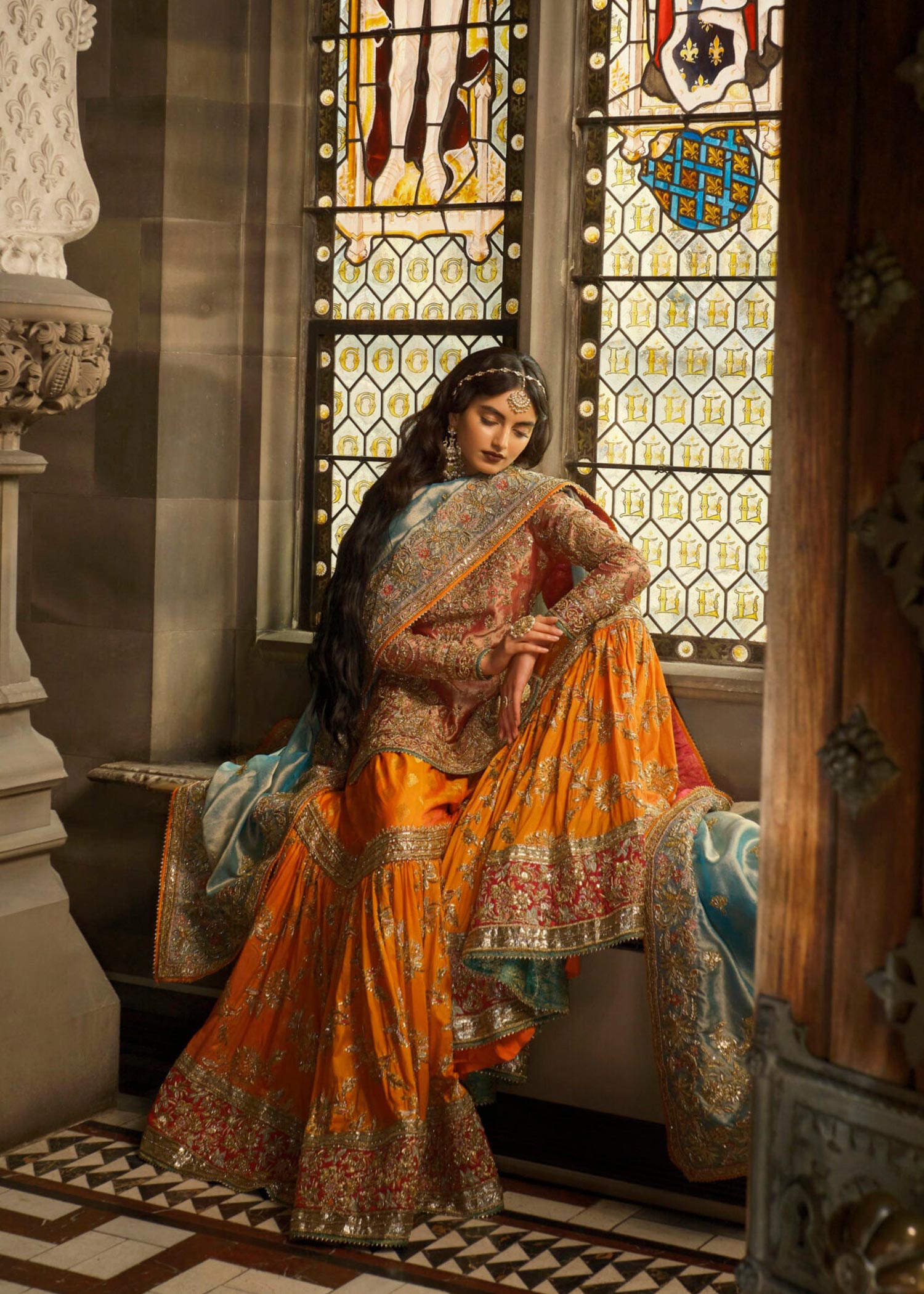 Clementine Orange Embroidered Tissue Shirt & Banarsi Gharara (3-Piece) - Image 1