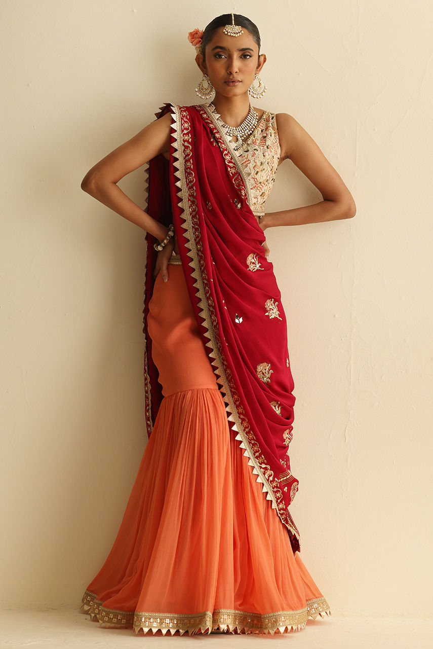 Orange and Red Embroidered Chiffon Gharara (3-Piece) - Image 1