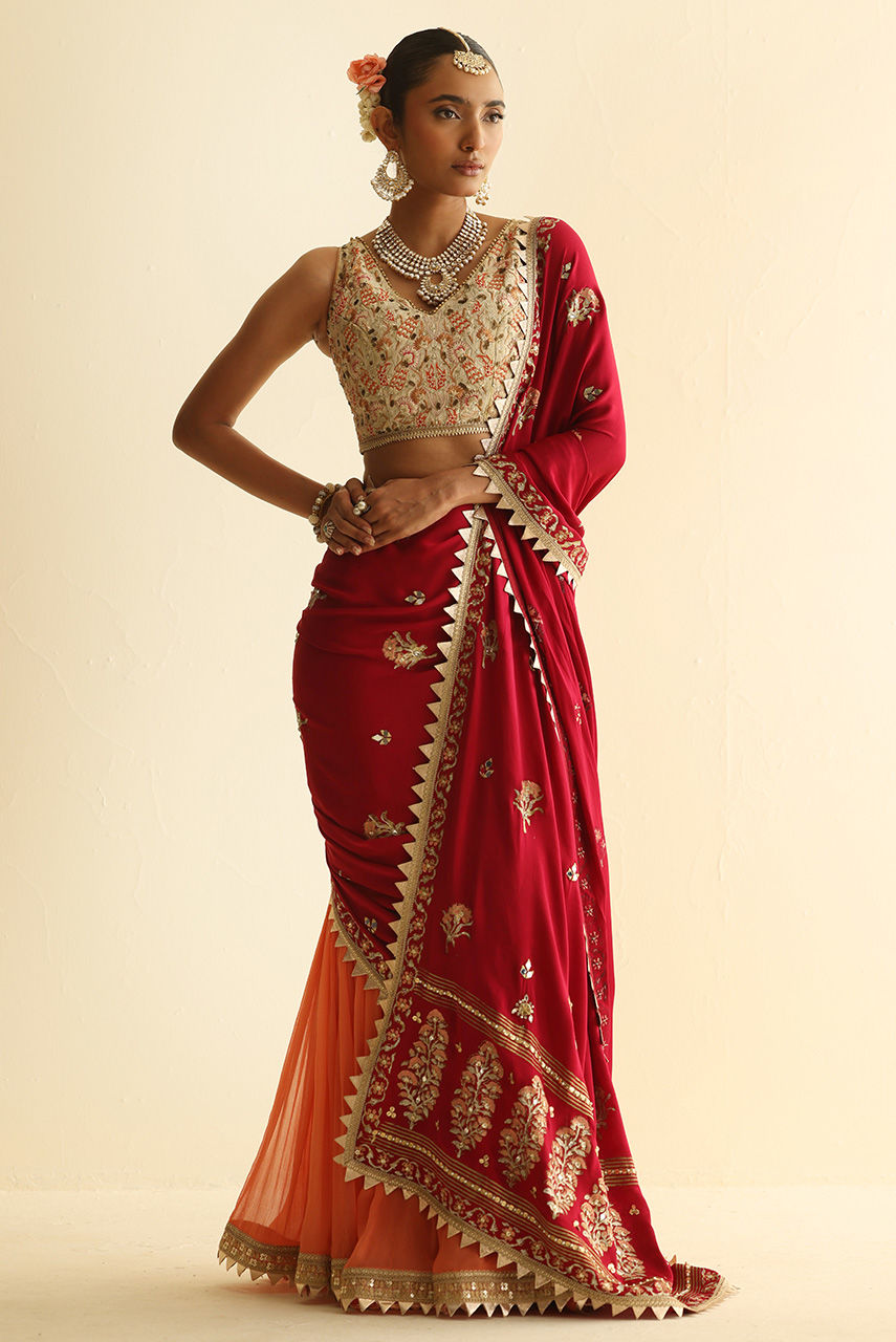 Orange and Red Embroidered Chiffon Gharara (3-Piece) - Image 2