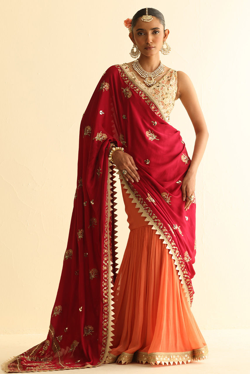 Orange and Red Embroidered Chiffon Gharara (3-Piece) - Image 3