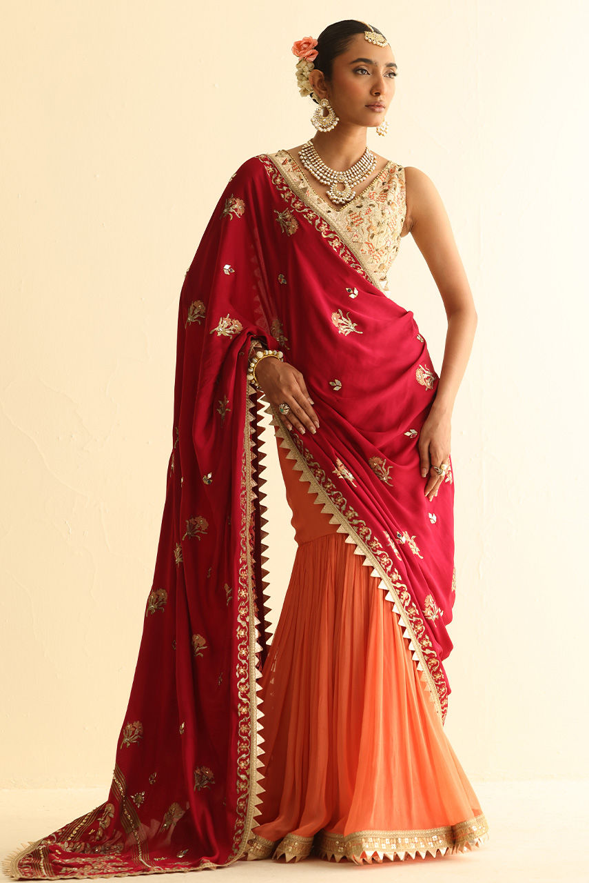 Orange and Red Embroidered Chiffon Gharara (3-Piece) - Image 4