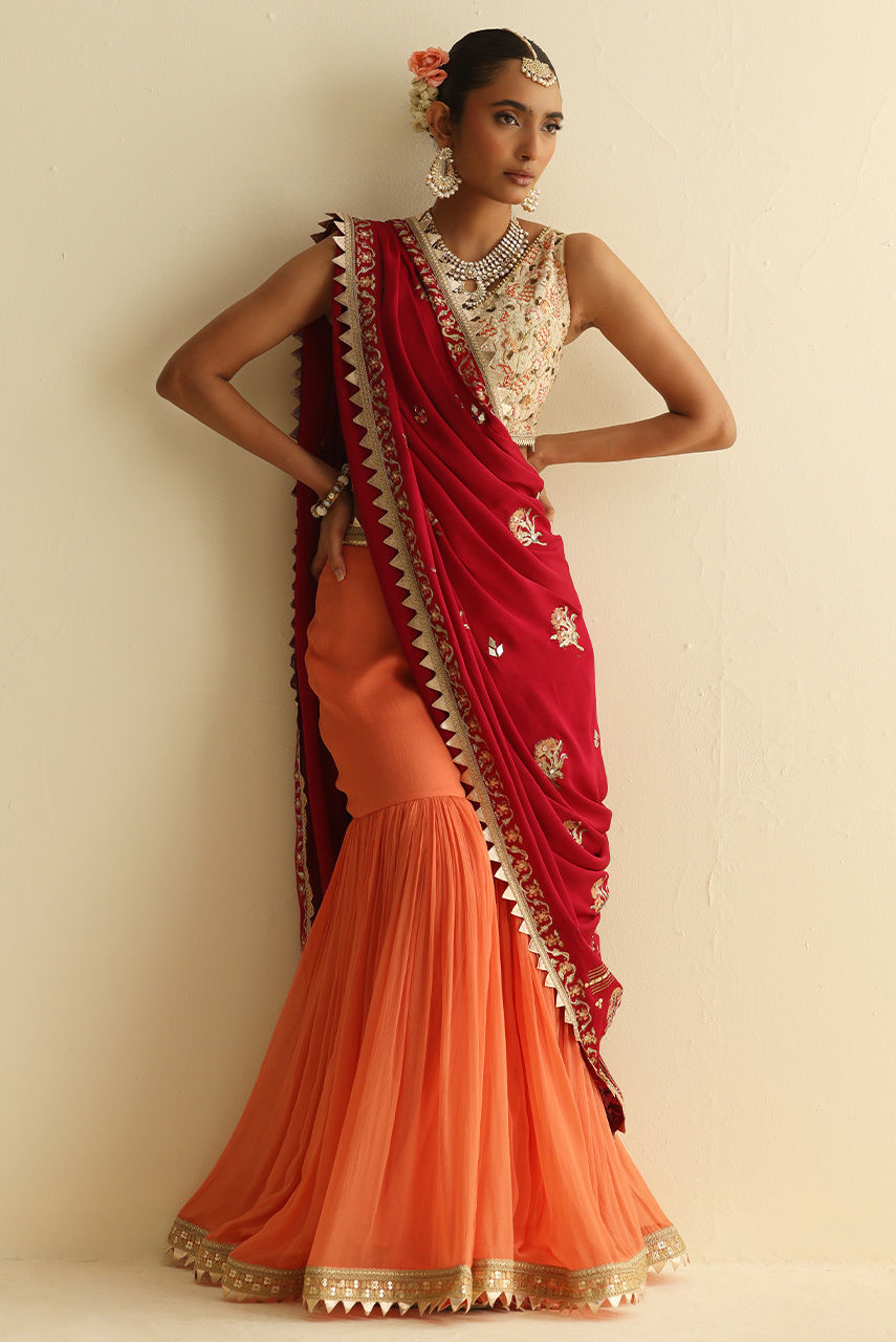Orange and Red Embroidered Chiffon Gharara (3-Piece) - Image 5